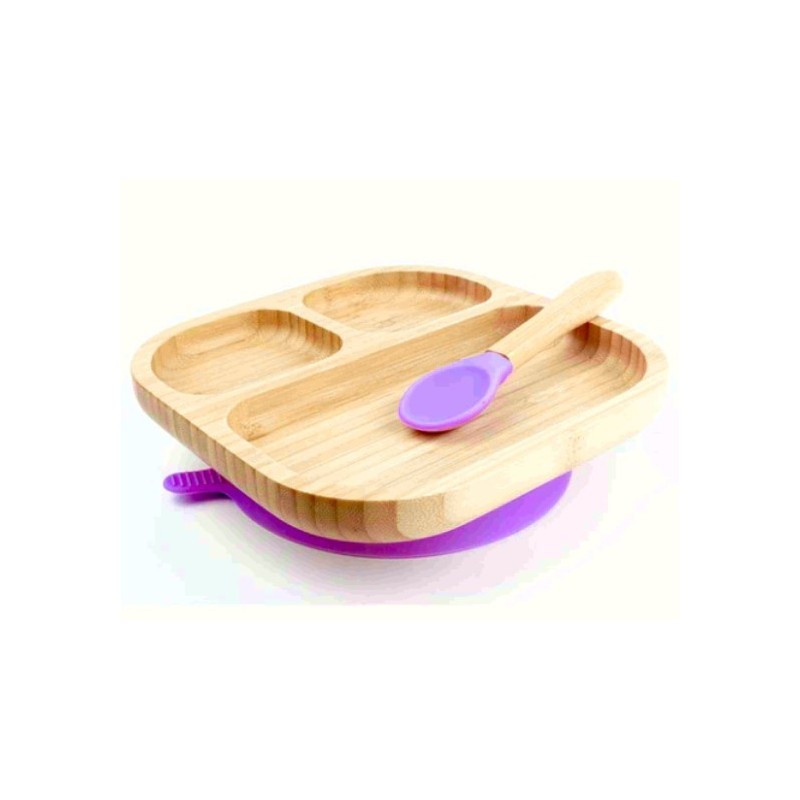 Set assiette + cuillère bambou et silicone lilas (3 compartiments)