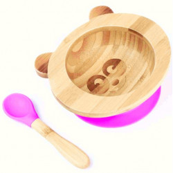 Set de repas bebe bambou + silicone rose (bol + cuillère)