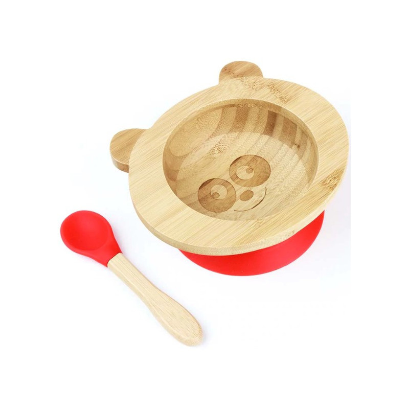 Set de repas bébé bambou + silicone rouge (bol + cuillère)